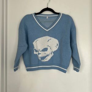 Baby Blue Cropped Skull Sweater